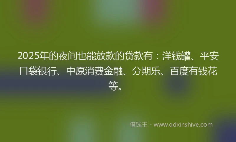 2025年的夜间也能放款的贷款有：洋钱罐、平安口袋银行、中原消费金融、分期乐、百度有钱花等。
