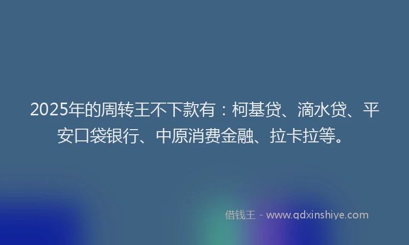 2025年的周转王不下款有：柯基贷、滴水贷、平安口袋银行、中原消费金融、拉卡拉等。
