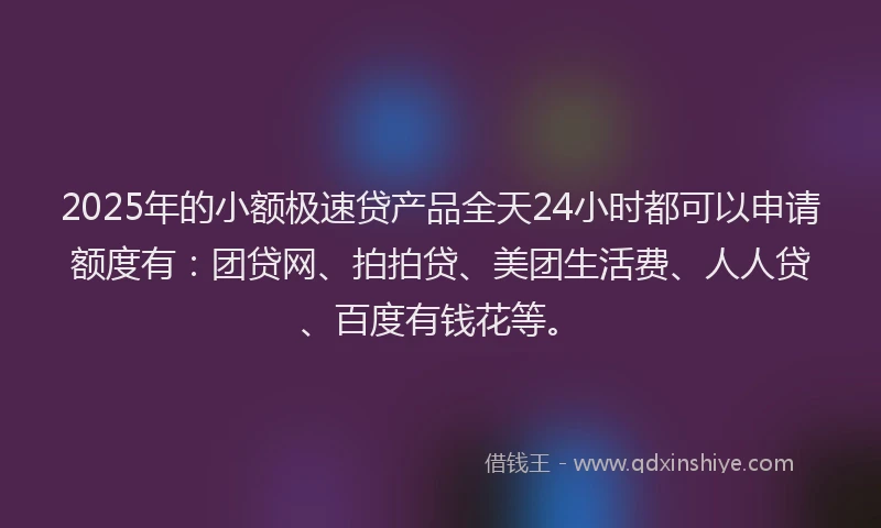2025年的小额极速贷产品全天24小时都可以申请额度有：团贷网、拍拍贷、美团生活费、人人贷、百度有钱花等。
