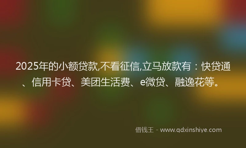 2025年的小额贷款,不看征信,立马放款有：快贷通、信用卡贷、美团生活费、e微贷、融逸花等。