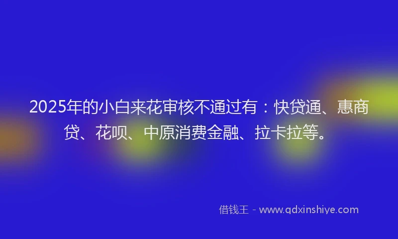 2025年的小白来花审核不通过有：快贷通、惠商贷、花呗、中原消费金融、拉卡拉等。