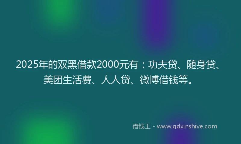 2025年的双黑借款2000元有：功夫贷、随身贷、美团生活费、人人贷、微博借钱等。