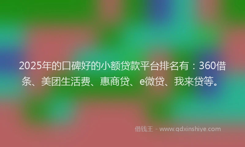 2025年的口碑好的小额贷款平台排名有：360借条、美团生活费、惠商贷、e微贷、我来贷等。