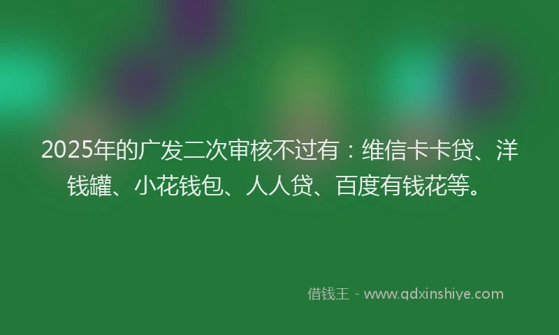 2025年的广发二次审核不过有：维信卡卡贷、洋钱罐、小花钱包、人人贷、百度有钱花等。