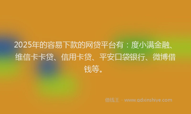 2025年的容易下款的网贷平台有：度小满金融、维信卡卡贷、信用卡贷、平安口袋银行、微博借钱等。