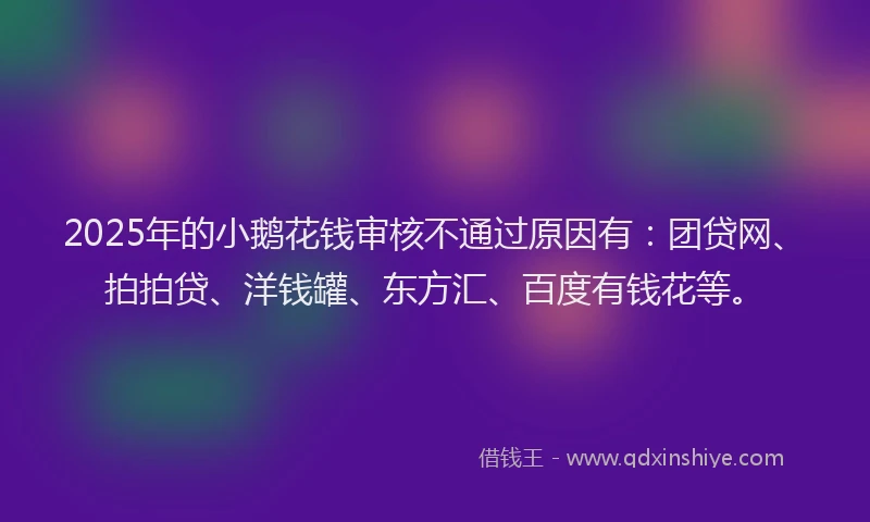 2025年的小鹅花钱审核不通过原因有：团贷网、拍拍贷、洋钱罐、东方汇、百度有钱花等。