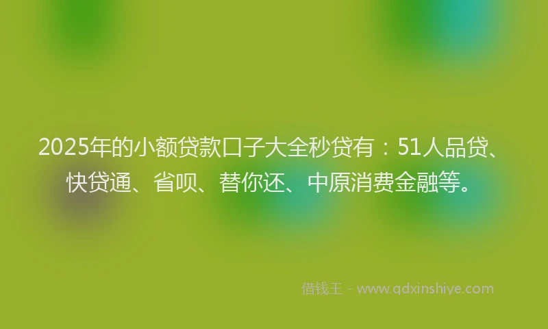 2025年的小额贷款口子大全秒贷有：51人品贷、快贷通、省呗、替你还、中原消费金融等。