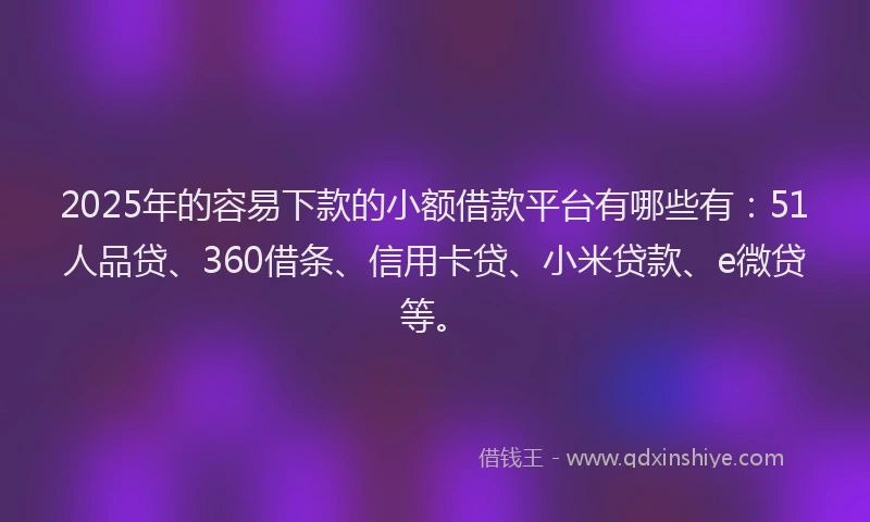 2025年的容易下款的小额借款平台有哪些有：51人品贷、360借条、信用卡贷、小米贷款、e微贷等。