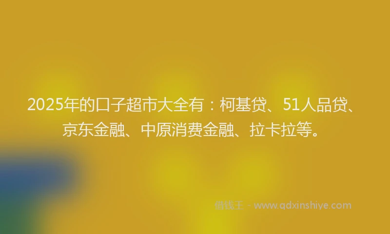 2025年的口子超市大全有：柯基贷、51人品贷、京东金融、中原消费金融、拉卡拉等。