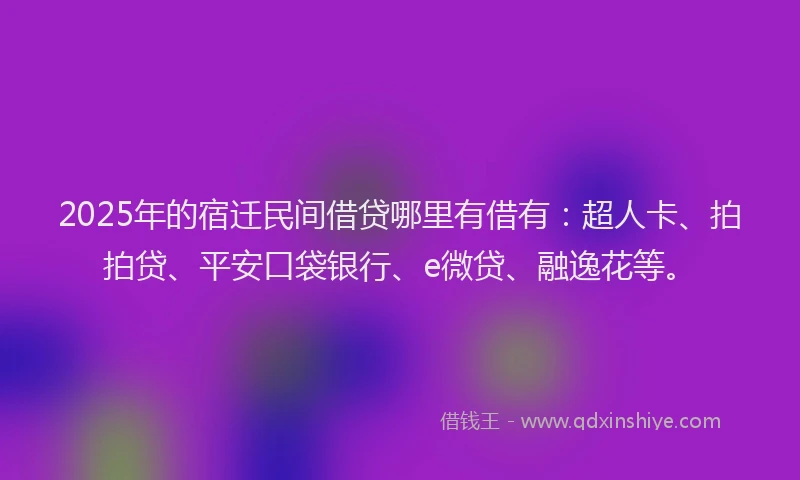 2025年的宿迁民间借贷哪里有借有：超人卡、拍拍贷、平安口袋银行、e微贷、融逸花等。