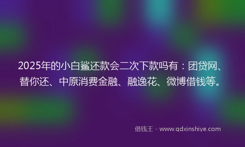 2025年的小白鲨还款会二次下款吗有：团贷网、替你还、中原消费金融、融逸花、微博借钱等。