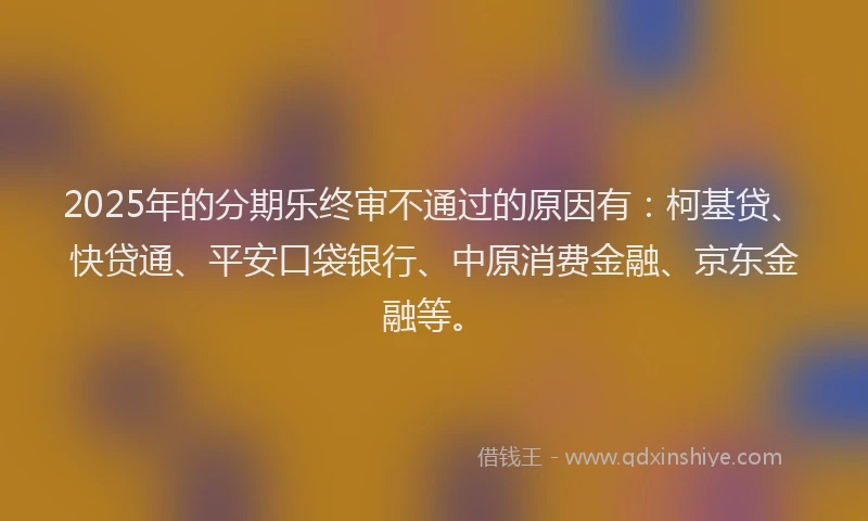 2025年的分期乐终审不通过的原因有：柯基贷、快贷通、平安口袋银行、中原消费金融、京东金融等。