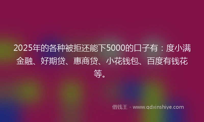 2025年的各种被拒还能下5000的口子有：度小满金融、好期贷、惠商贷、小花钱包、百度有钱花等。