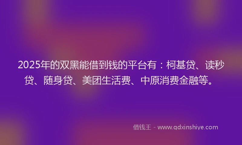 2025年的双黑能借到钱的平台有：柯基贷、读秒贷、随身贷、美团生活费、中原消费金融等。