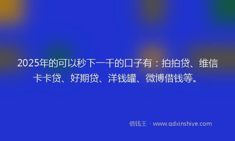 2025年的可以秒下一千的口子有：拍拍贷、维信卡卡贷、好期贷、洋钱罐、微博借钱等。