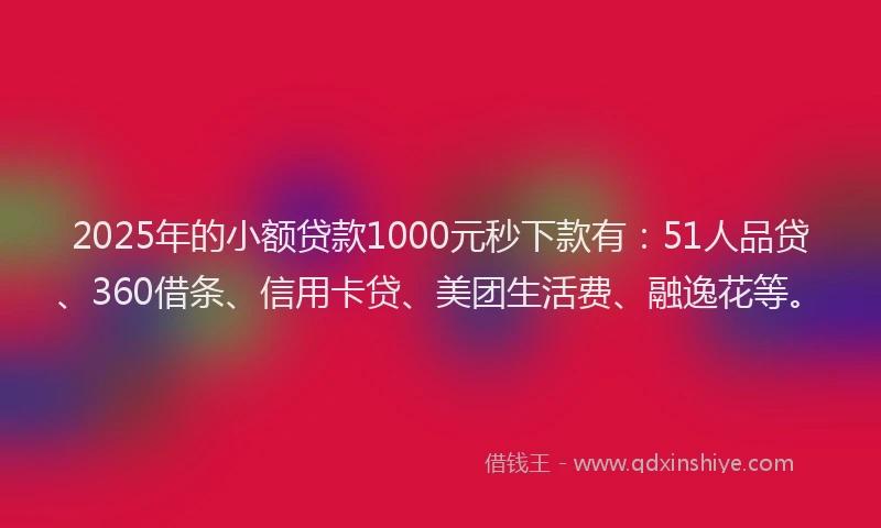 2025年的小额贷款1000元秒下款有：51人品贷、360借条、信用卡贷、美团生活费、融逸花等。