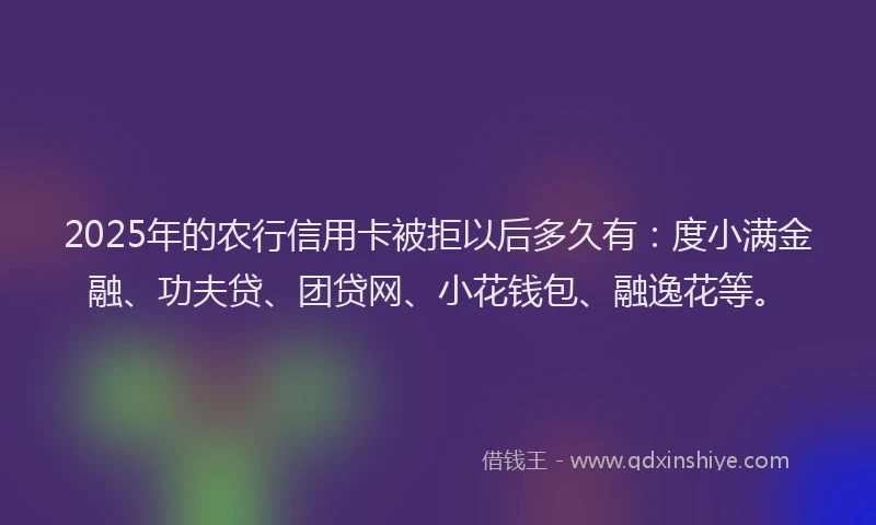 2025年的农行信用卡被拒以后多久有：度小满金融、功夫贷、团贷网、小花钱包、融逸花等。