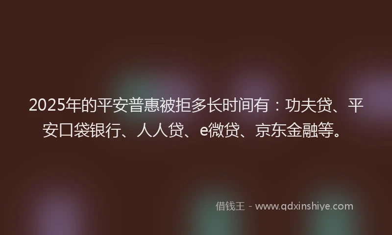 2025年的平安普惠被拒多长时间有：功夫贷、平安口袋银行、人人贷、e微贷、京东金融等。