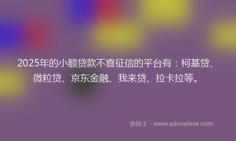 2025年的小额贷款不查征信的平台有：柯基贷、微粒贷、京东金融、我来贷、拉卡拉等。
