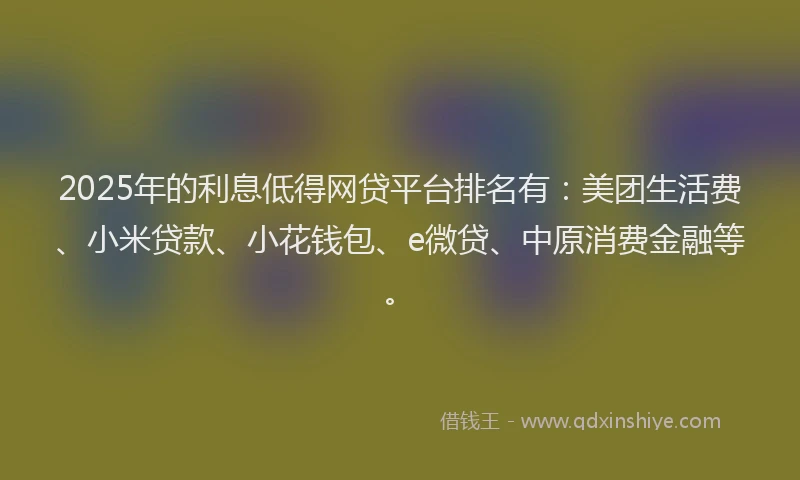 2025年的利息低得网贷平台排名有：美团生活费、小米贷款、小花钱包、e微贷、中原消费金融等。