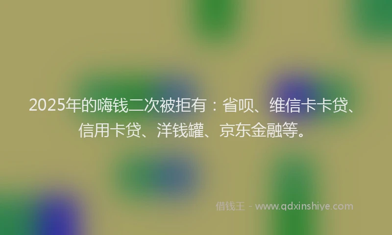 2025年的嗨钱二次被拒有：省呗、维信卡卡贷、信用卡贷、洋钱罐、京东金融等。