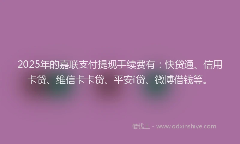 2025年的嘉联支付提现手续费有：快贷通、信用卡贷、维信卡卡贷、平安i贷、微博借钱等。
