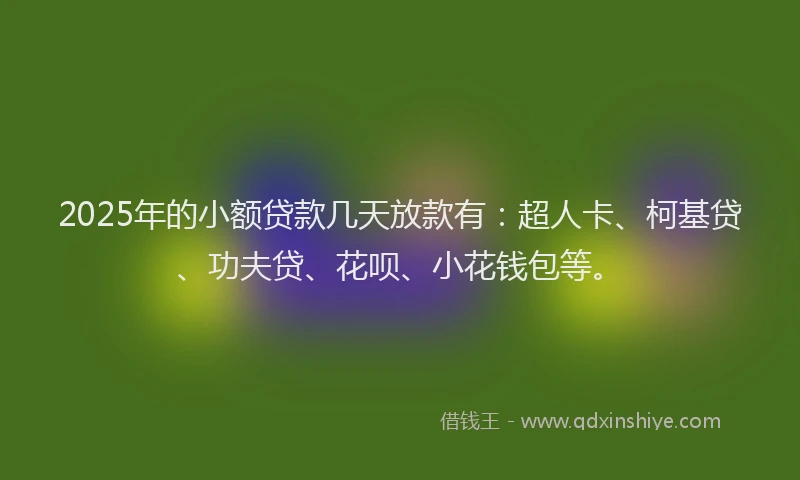 2025年的小额贷款几天放款有：超人卡、柯基贷、功夫贷、花呗、小花钱包等。