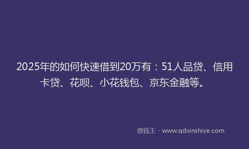 2025年的如何快速借到20万有：51人品贷、信用卡贷、花呗、小花钱包、京东金融等。