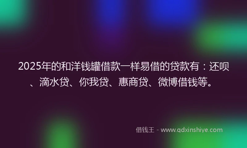 2025年的和洋钱罐借款一样易借的贷款有：还呗、滴水贷、你我贷、惠商贷、微博借钱等。