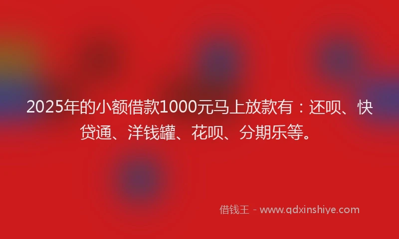 2025年的小额借款1000元马上放款有：还呗、快贷通、洋钱罐、花呗、分期乐等。