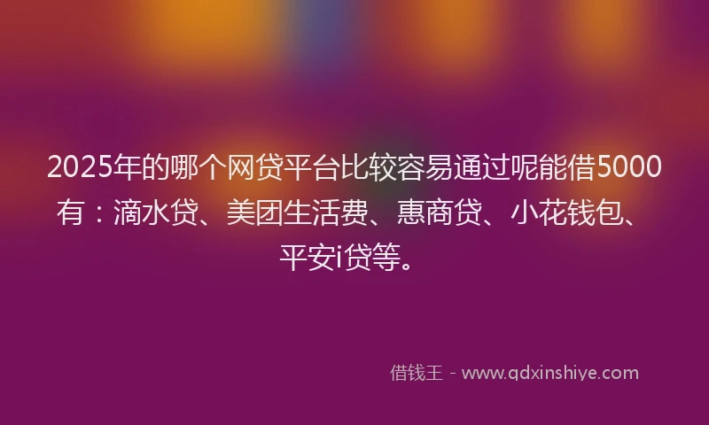 2025年的哪个网贷平台比较容易通过呢能借5000有：滴水贷、美团生活费、惠商贷、小花钱包、平安i贷等。