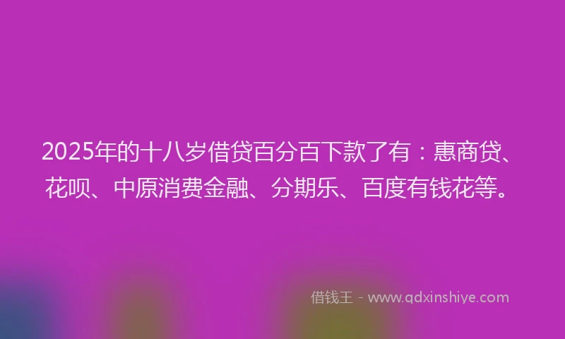 2025年的十八岁借贷百分百下款了有：惠商贷、花呗、中原消费金融、分期乐、百度有钱花等。