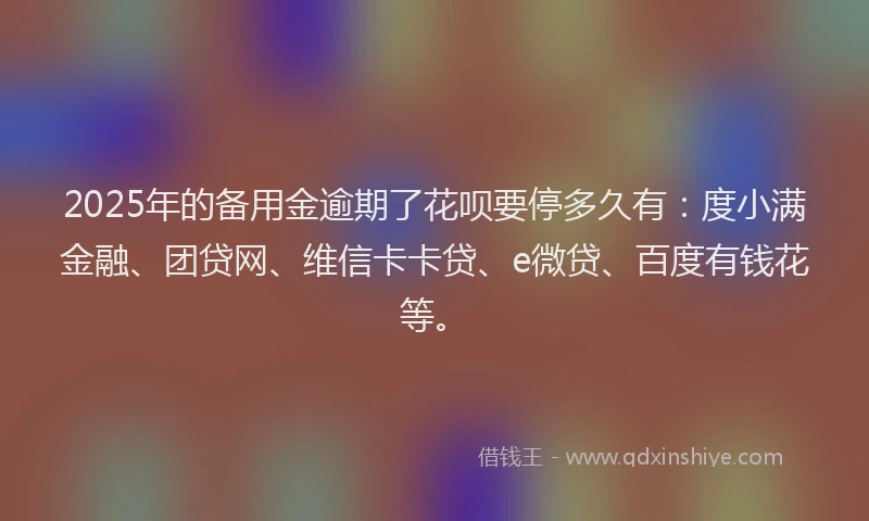 2025年的备用金逾期了花呗要停多久有：度小满金融、团贷网、维信卡卡贷、e微贷、百度有钱花等。