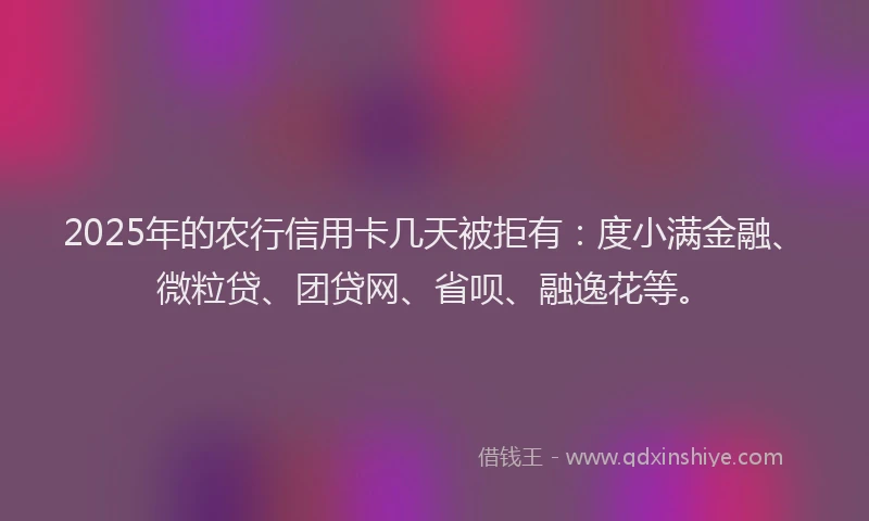 2025年的农行信用卡几天被拒有：度小满金融、微粒贷、团贷网、省呗、融逸花等。
