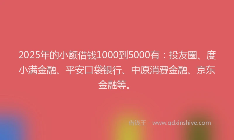 2025年的小额借钱1000到5000有：投友圈、度小满金融、平安口袋银行、中原消费金融、京东金融等。