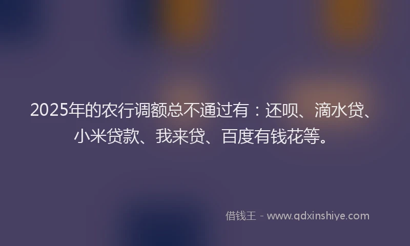 2025年的农行调额总不通过有：还呗、滴水贷、小米贷款、我来贷、百度有钱花等。
