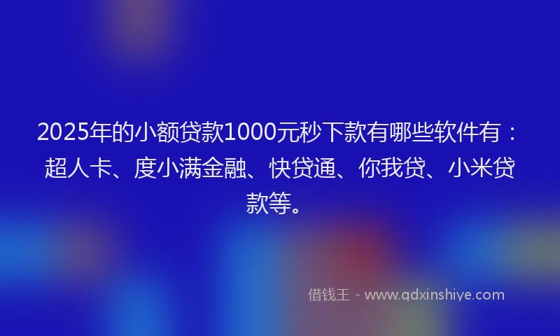 2025年的小额贷款1000元秒下款有哪些软件有：超人卡、度小满金融、快贷通、你我贷、小米贷款等。