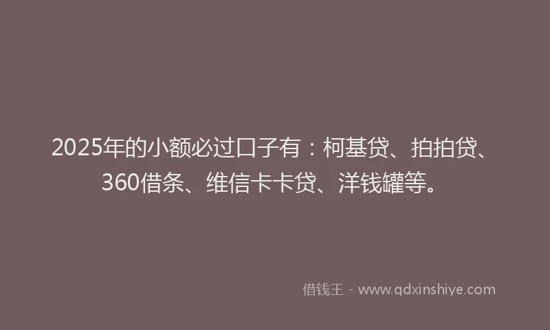 2025年的小额必过口子有：柯基贷、拍拍贷、360借条、维信卡卡贷、洋钱罐等。