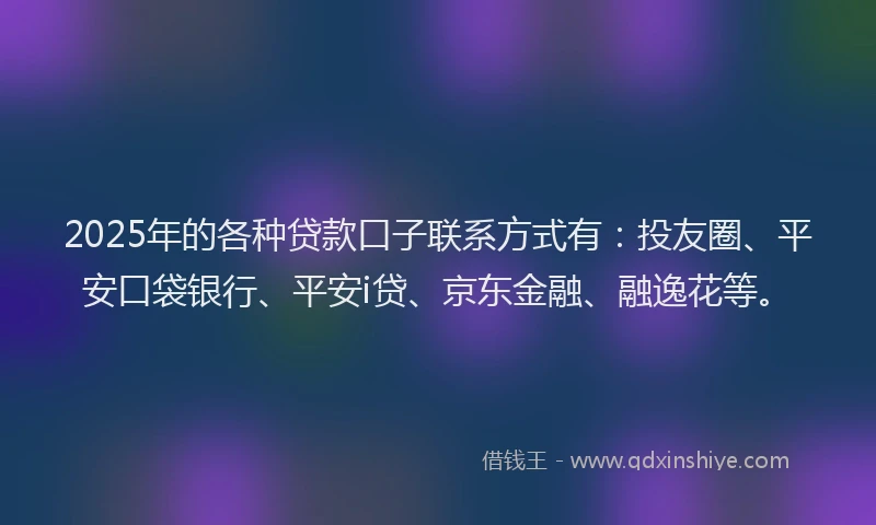 2025年的各种贷款口子联系方式有：投友圈、平安口袋银行、平安i贷、京东金融、融逸花等。