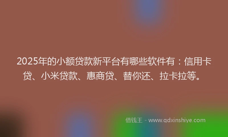 2025年的小额贷款新平台有哪些软件有：信用卡贷、小米贷款、惠商贷、替你还、拉卡拉等。