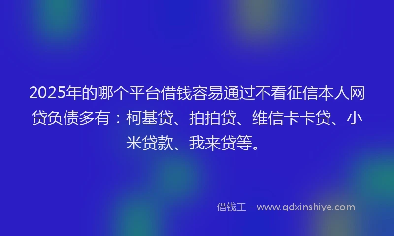 2025年的哪个平台借钱容易通过不看征信本人网贷负债多有：柯基贷、拍拍贷、维信卡卡贷、小米贷款、我来贷等。