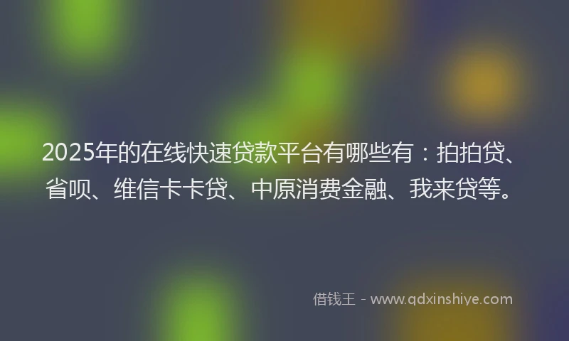 2025年的在线快速贷款平台有哪些有：拍拍贷、省呗、维信卡卡贷、中原消费金融、我来贷等。