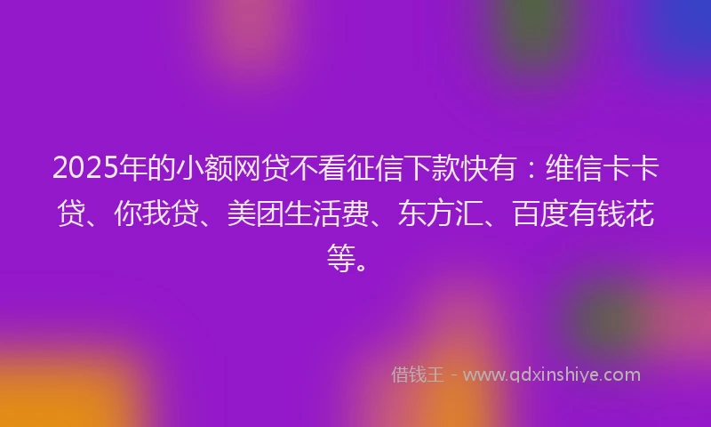 2025年的小额网贷不看征信下款快有：维信卡卡贷、你我贷、美团生活费、东方汇、百度有钱花等。