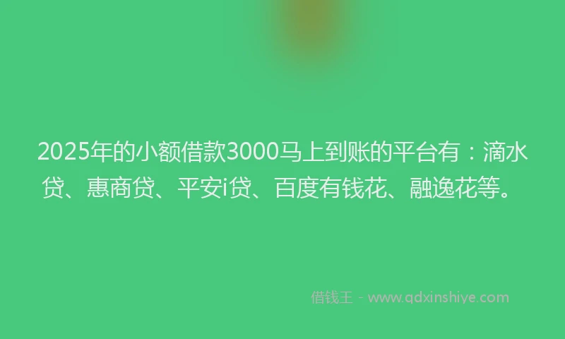 2025年的小额借款3000马上到账的平台有：滴水贷、惠商贷、平安i贷、百度有钱花、融逸花等。
