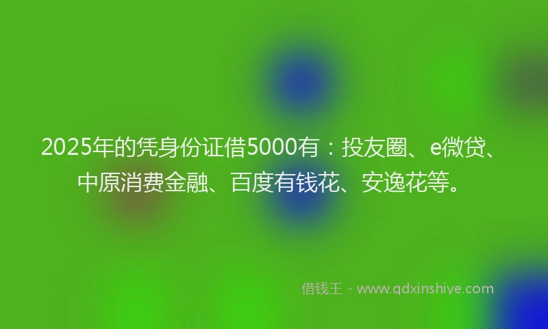 2025年的凭身份证借5000有：投友圈、e微贷、中原消费金融、百度有钱花、安逸花等。