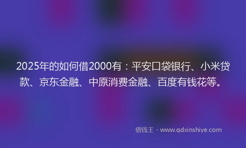 2025年的如何借2000有：平安口袋银行、小米贷款、京东金融、中原消费金融、百度有钱花等。