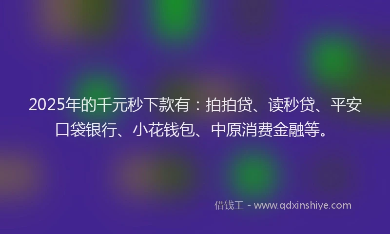 2025年的千元秒下款有：拍拍贷、读秒贷、平安口袋银行、小花钱包、中原消费金融等。