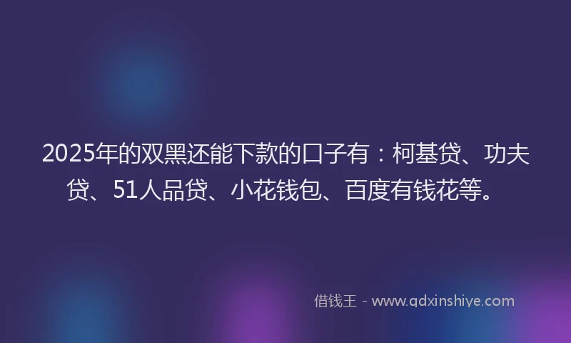 2025年的双黑还能下款的口子有：柯基贷、功夫贷、51人品贷、小花钱包、百度有钱花等。