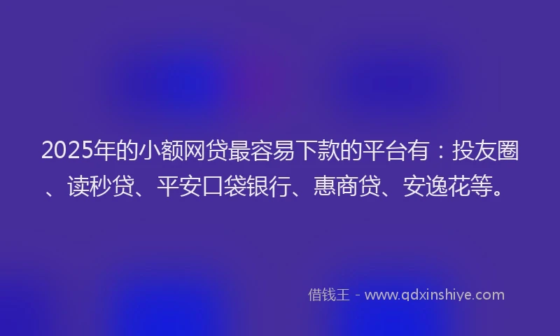 2025年的小额网贷最容易下款的平台有：投友圈、读秒贷、平安口袋银行、惠商贷、安逸花等。