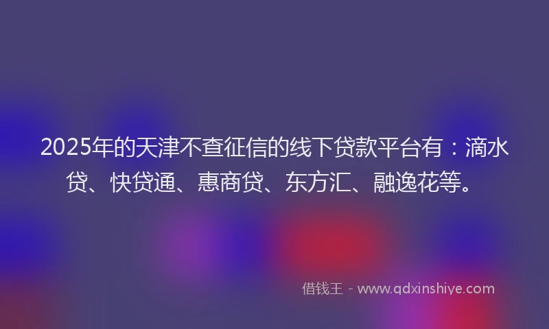 2025年的天津不查征信的线下贷款平台有：滴水贷、快贷通、惠商贷、东方汇、融逸花等。